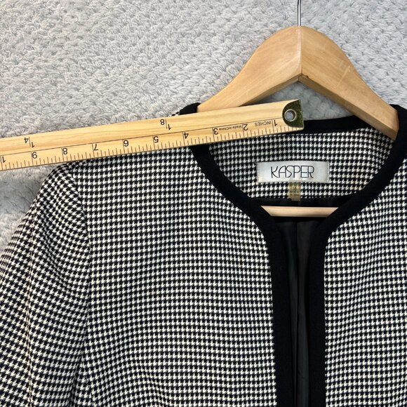 Vintage Kasper Jacket Black White Houndstooth Jewel Neck Short Open Blazer Sz 10 - Picture 10 of 12